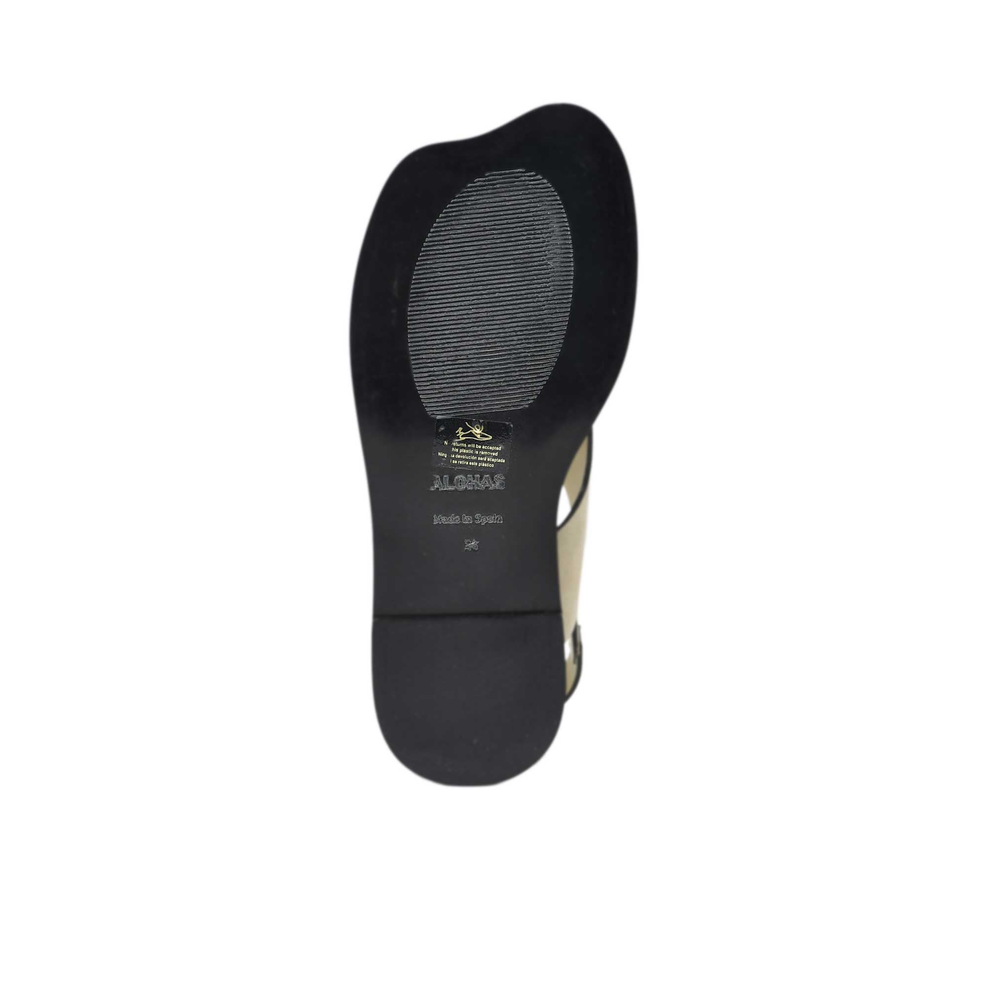 Bottom view of the black outsole of an ALOHAS sandal, featuring the debossed brand name, "Made in Spain" text, size 38 stamp, and a textured non-slip pad.