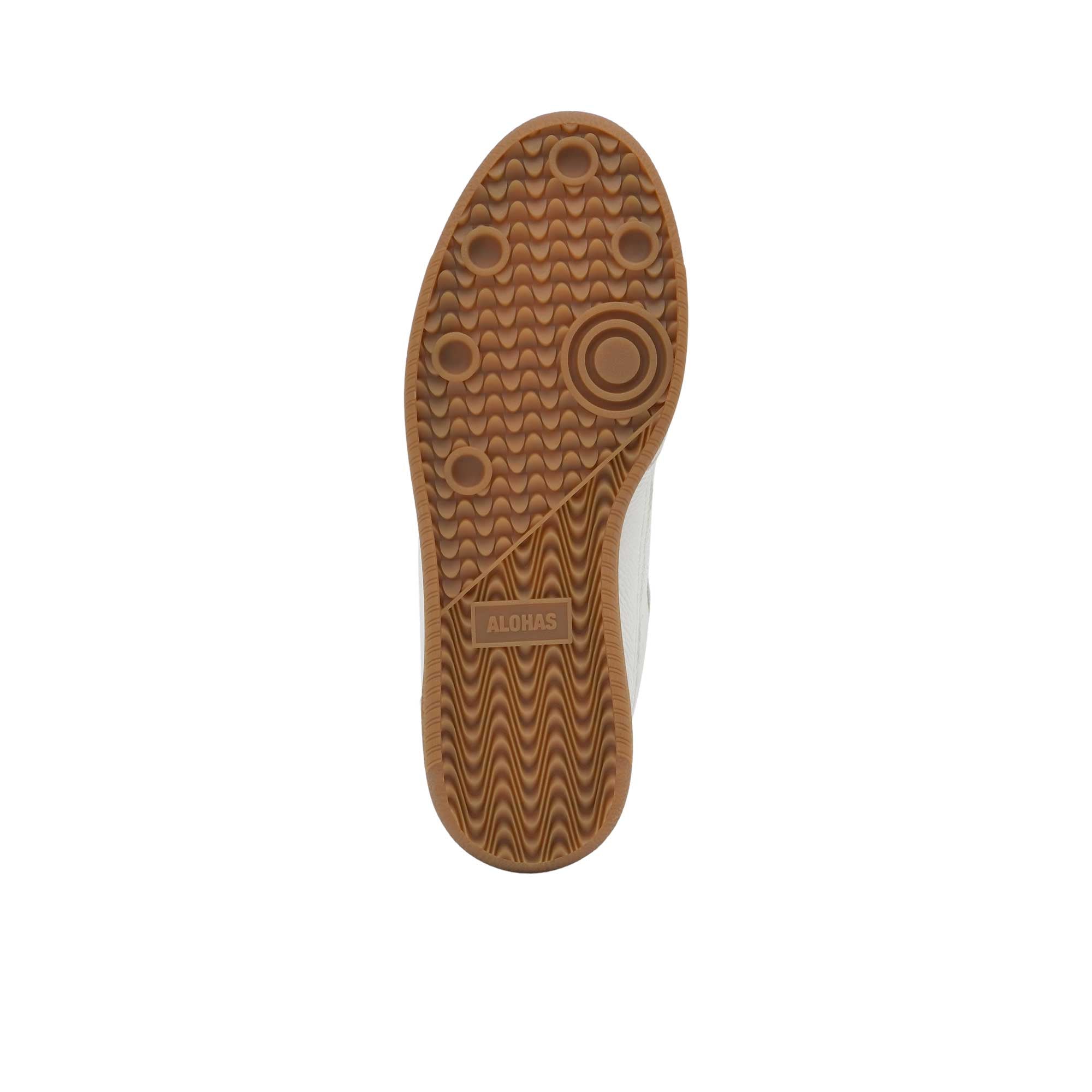 Bottom view of the textured tan gum rubber outsole, showing a wavy multi-patterned traction grip and the central debossed ALOHAS logo.