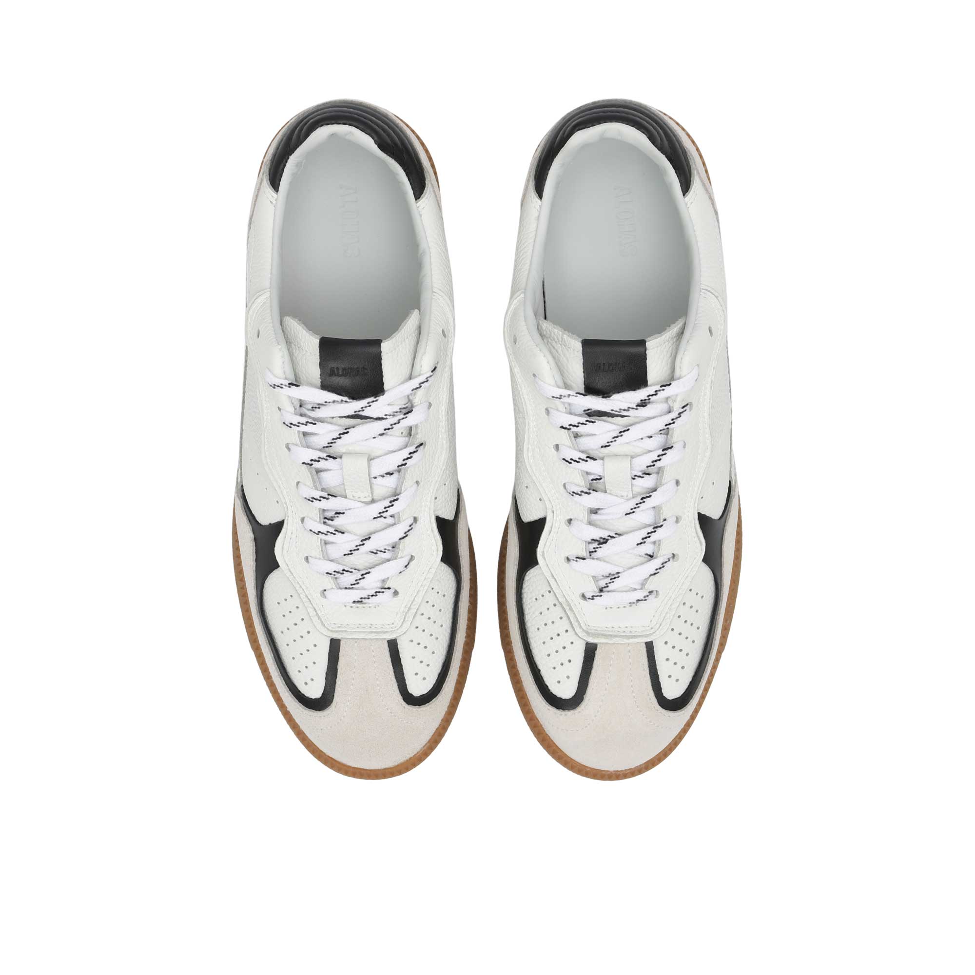 Top-down bird's-eye view of a pair of ALOHAS TB.33 sneakers with burgundy laces and white insoles with a printed logo.