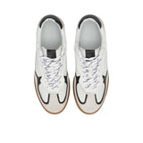 Top-down bird's-eye view of a pair of ALOHAS TB.33 sneakers with burgundy laces and white insoles with a printed logo.