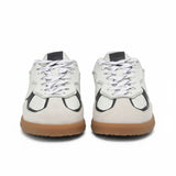 Front face-on view of a pair of ALOHAS white and burgundy lace-up sneakers highlighting the curved suede panels on the toe box.