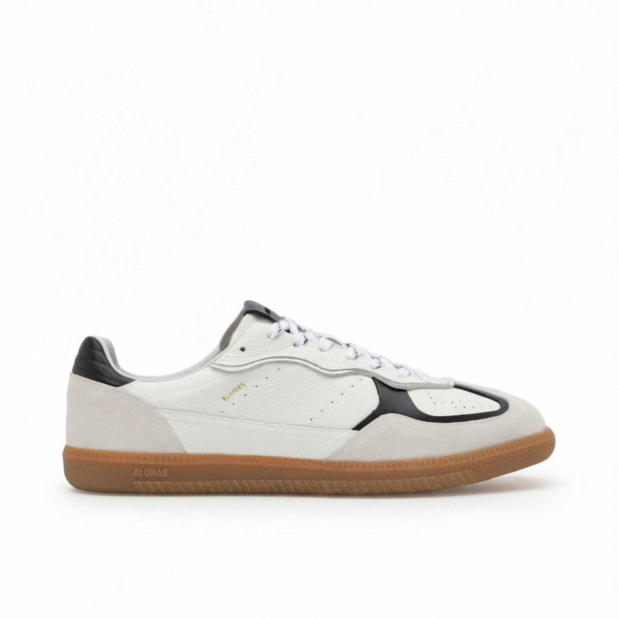 Side profile view of a single ALOHAS TB.33 low-top sneaker in white leather and burgundy suede, with a green heel tab, gold branding, and a gum rubber sole against a white background.