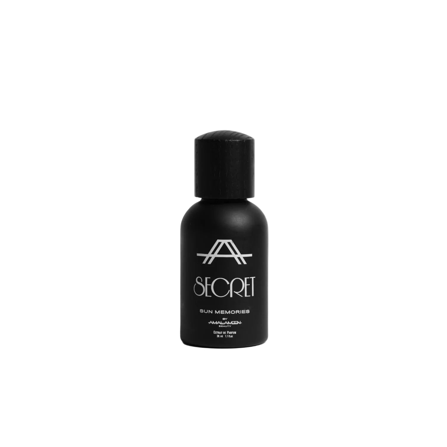 Front studio view of the luxury A Secret Sun Memories 30ml Extrait De Parfum by Amal Ameen Beauty in a matte black bottle with a wooden cap, from the BLUE SALON shop.