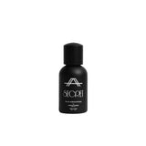 Front studio view of the luxury A Secret Sun Memories 30ml Extrait De Parfum by Amal Ameen Beauty in a matte black bottle with a wooden cap, from the BLUE SALON shop.