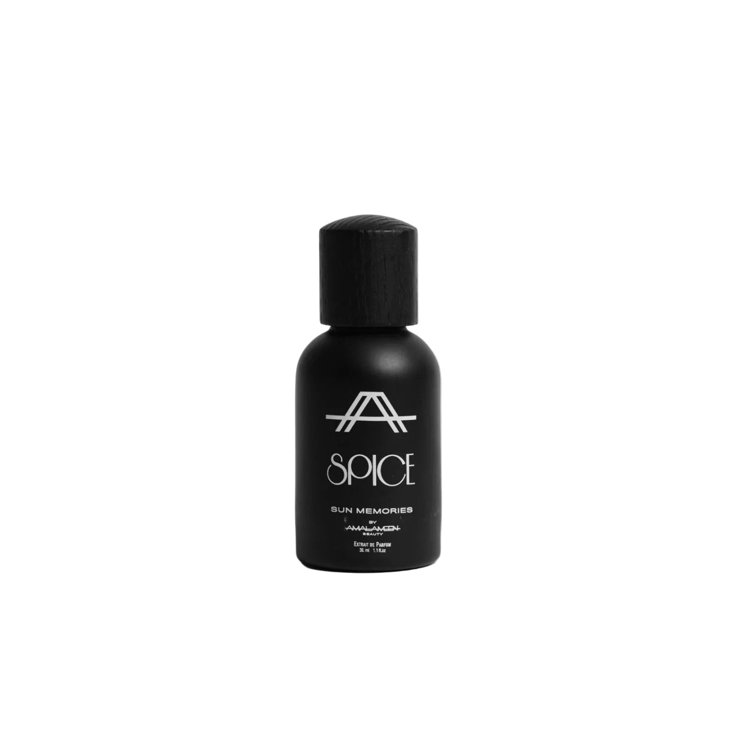 Studio product photograph of the Amal Ameen Beauty spice  Hair Mist 30ml bottle, featuring a sleek black cylindrical canister with silver branding text over a clean grey background.