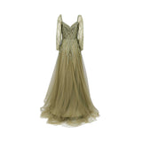 Back view of a sage green Andrea & Leo Couture A-line gown with long embellished sleeves and a flowing tulle skirt.