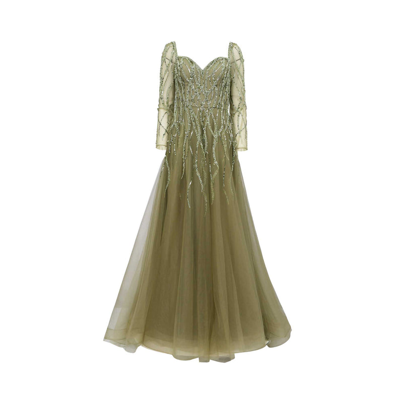 Front view of a sage green Andrea & Leo Couture A-line gown with long embellished sleeves and a flowing tulle skirt.