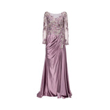Front view of a dusty mauve Andrea & Leo Couture evening gown featuring a floral embroidered sheer bodice and ruched satin skirt.