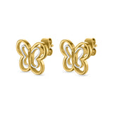 Side angle view of the pair on a white background, displaying the structural post-back mechanism, the thickness of the butterfly cutout, and the attached friction-back closures.
