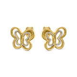 A three-quarter studio perspective shot of the butterfly stud earrings set against a clean background, accentuating the metallic gold-plated luster and inner silver frame.