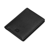 A high-angle three-quarter perspective studio shot of the closed black leather bifold card holder, highlighting the premium stitch lines and slim, pocket-friendly profile.