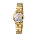 A front-angled lifestyle studio photograph of the Escada Scarlett 24mm watch, highlighting the rich yellow gold luster of the stepped bezel, the fluted crown, and the fluid drape of the ribbed multi-link bracelet.