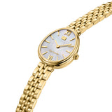 An angled close-up profile photograph of the Guy Laroche Lauren watch emphasizing the polished yellow gold finish, the textured setting crown, and the fluid drape of the multi-link metallic band.