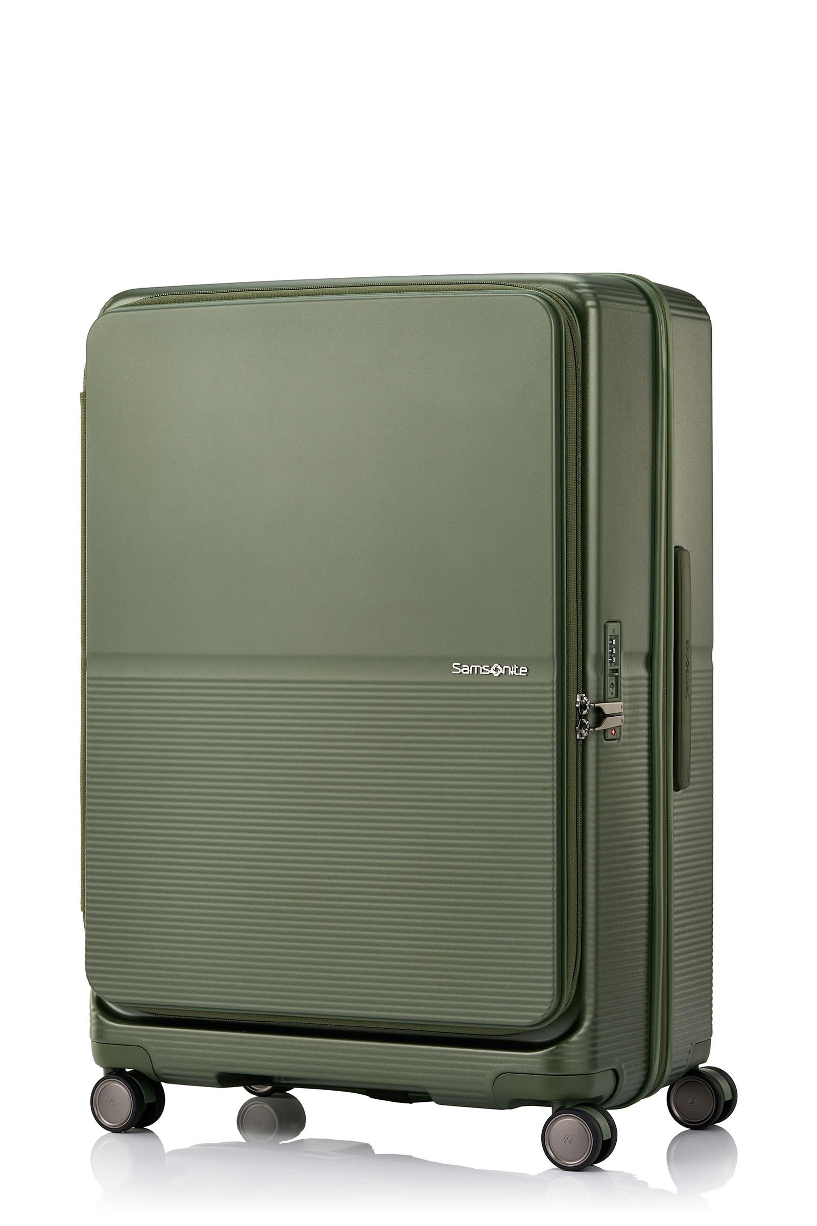 Angled view of the Samsonite Flatform Spinner Large in Metallic Green. Shop the Latest Online