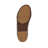 Bottom view of the Antonio sandal outsole showing the brown base frame with scale-patterned tan rubber traction pods, genuine leather stamp, and centered brand logo engraving against a white background.