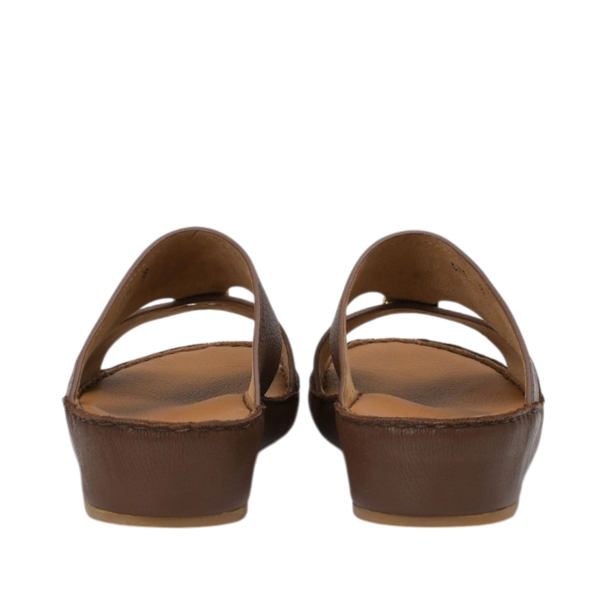 Rear view of a pair of Antonio sandals displaying the clean, brown leather-wrapped heel counters of the wedge soles and tonal border stitching against a white background.