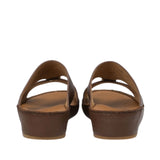 Rear view of a pair of Antonio sandals displaying the clean, brown leather-wrapped heel counters of the wedge soles and tonal border stitching against a white background.
