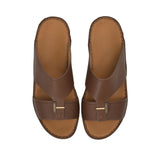 Direct top-down view of a pair of Antonio sandals showing the smooth camel leather insoles cleanly debossed with the Antonio brand name and 'Hand Made in Italy' script against a white background.