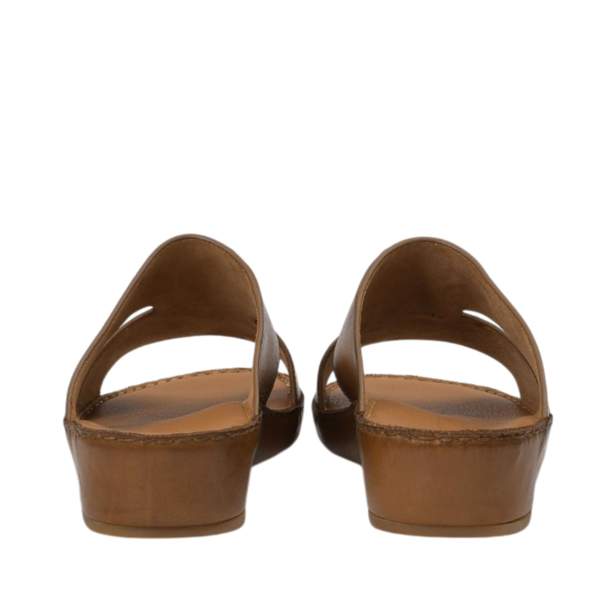 Rear view of a pair of Antonio sandals displaying the sturdy, leather-lined heel counters of the wedge soles and the textured base rims against a white background.