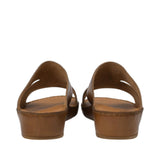 Rear view of a pair of Antonio sandals displaying the sturdy, leather-lined heel counters of the wedge soles and the textured base rims against a white background.