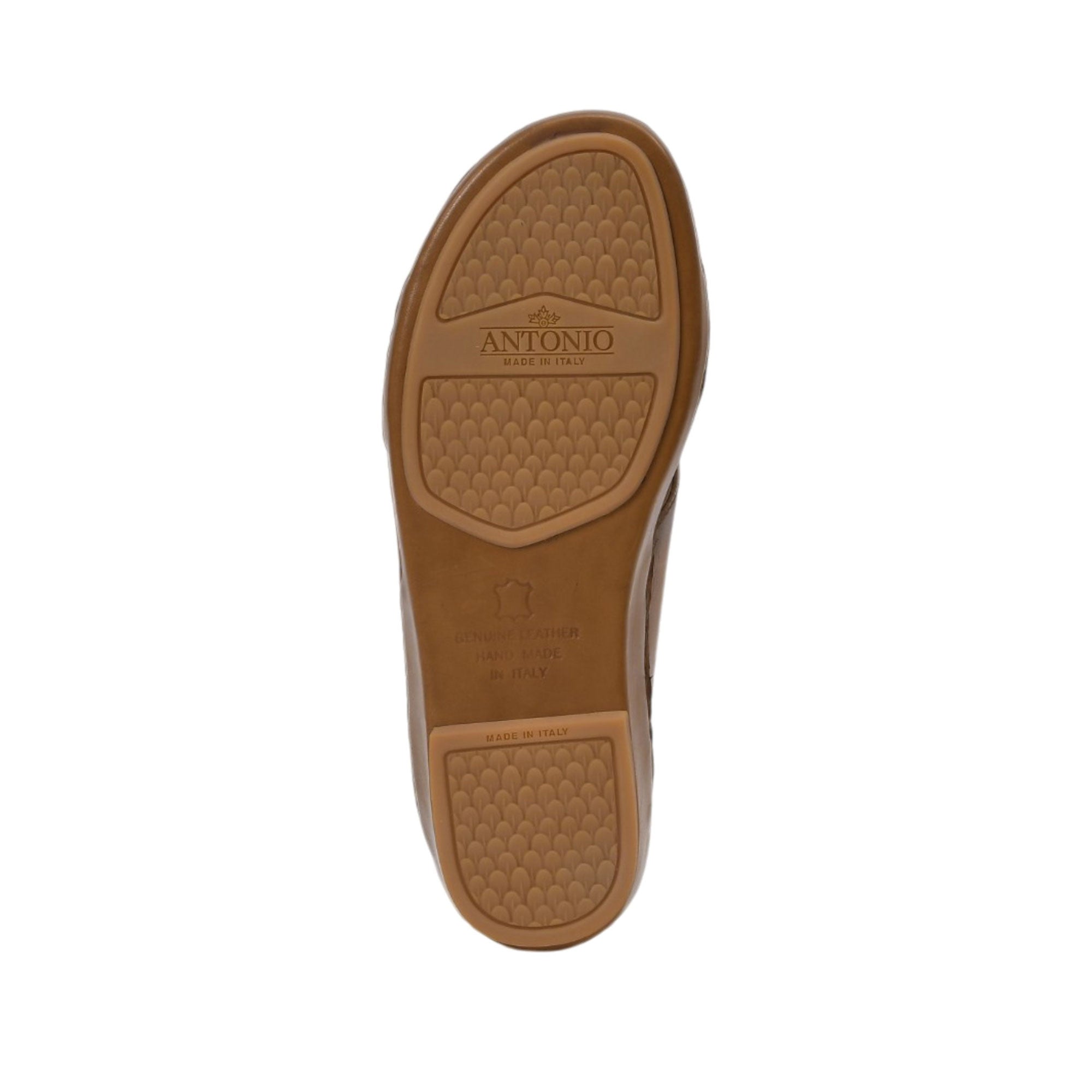 Bottom view of the Antonio sandal outsole showing the tan dress sole with scale-patterned non-slip traction zones, genuine leather stamp, and centered brand logo engraving against a white background.