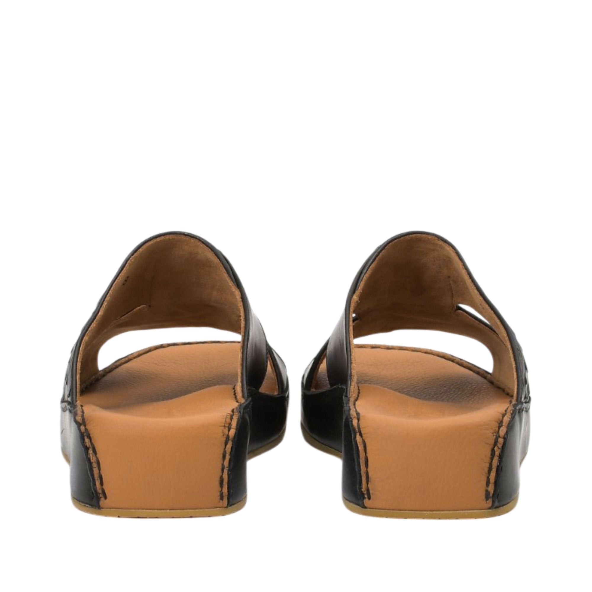 Rear view of Antonio sandals displaying the leather-lined heel counters of the platform wedge soles and precise border stitching against a white background.