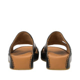 Rear view of Antonio sandals displaying the leather-lined heel counters of the platform wedge soles and precise border stitching against a white background.