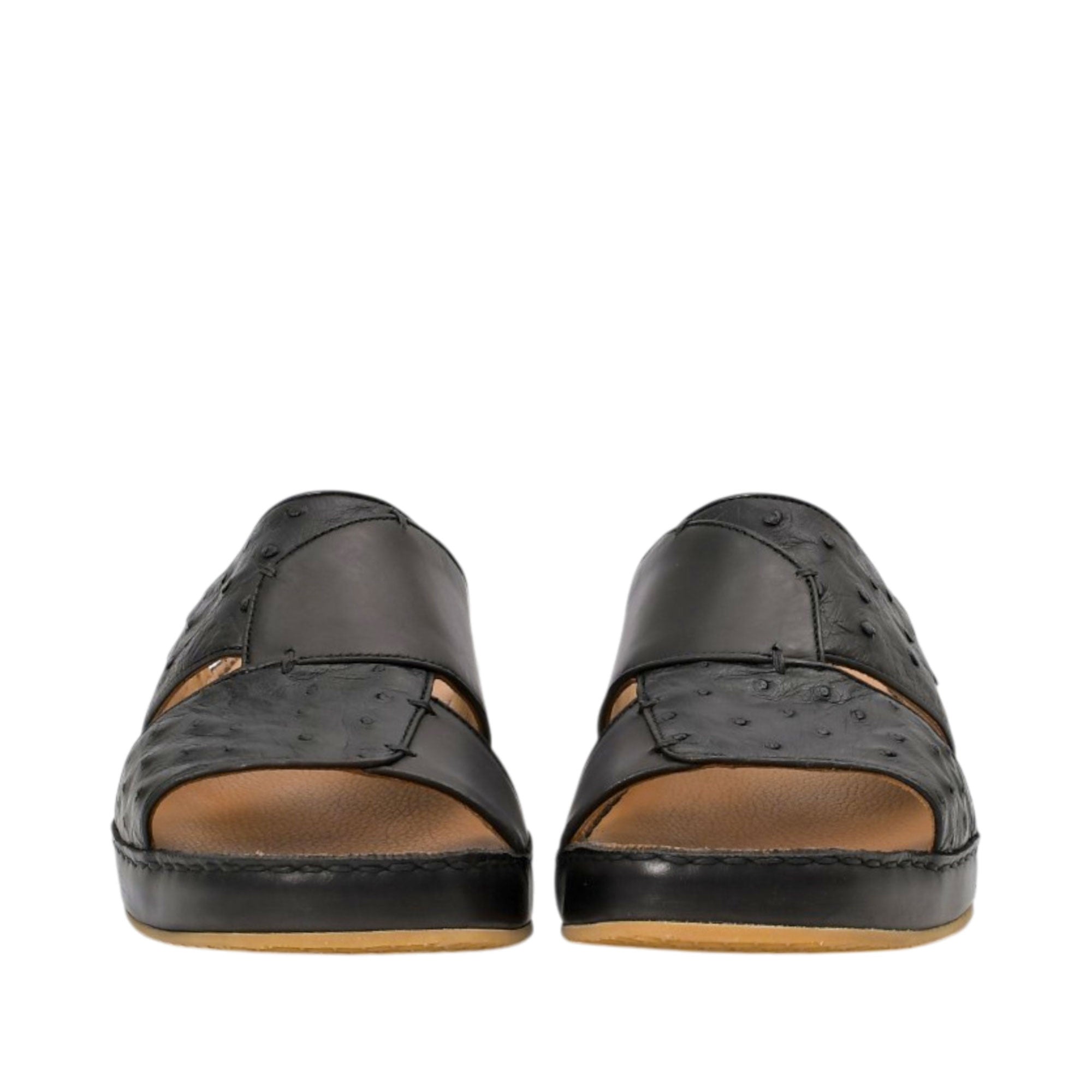 Front view of a pair of Antonio black Arabic sandals, highlighting the dual overlapping straps with contrasting textures and fine accent stitching against a white background.