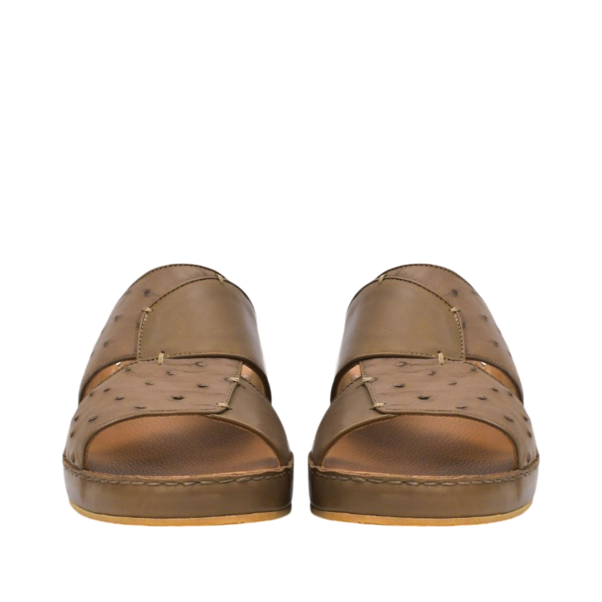 Front view of a pair of Antonio khaki Arabic sandals, highlighting the dual overlapping straps with contrasting textures and fine accent stitching against a white background.