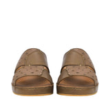 Front view of a pair of Antonio khaki Arabic sandals, highlighting the dual overlapping straps with contrasting textures and fine accent stitching against a white background.