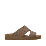 Profile view of an Antonio khaki leather Arabic sandal, showcasing the ostrich-effect textured cross-strap upper and the tonal leather-covered wedge sole against a white background.