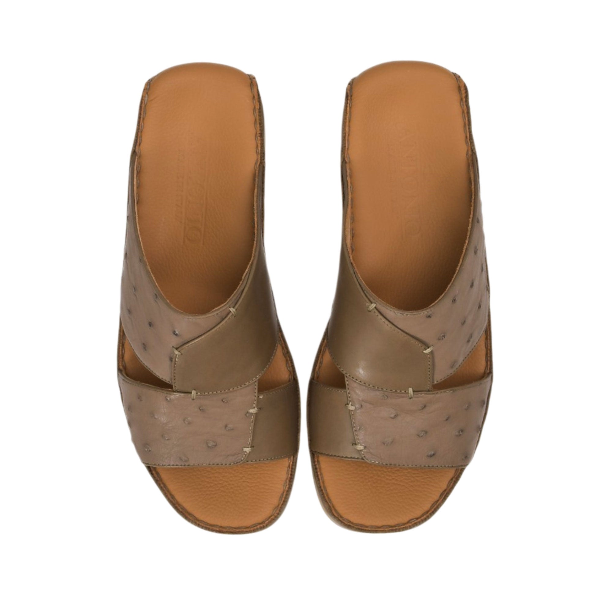 Direct top-down view of a pair of Antonio sandals showing the smooth tan leather insoles debossed with the Antonio logo and 'Made in Italy' emblem against a white background.