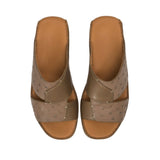 Direct top-down view of a pair of Antonio sandals showing the smooth tan leather insoles debossed with the Antonio logo and 'Made in Italy' emblem against a white background.
