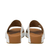 Rear view of Antonio sandals displaying the leather-lined heel counters of the platform wedge soles and precise border stitching against a white background.