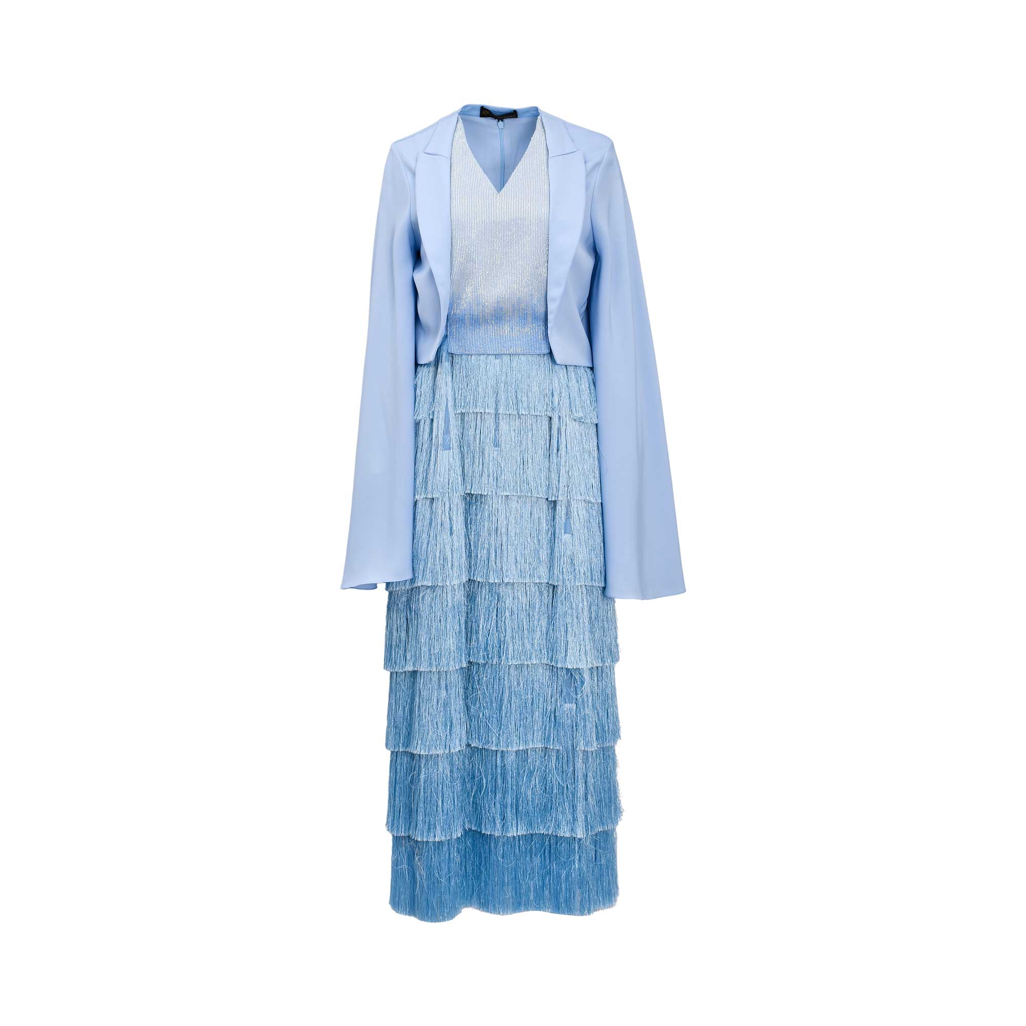 Aquillora Women's Light Blue Tiered Fringe Dress with Blazer Overlay — Shop Now Online