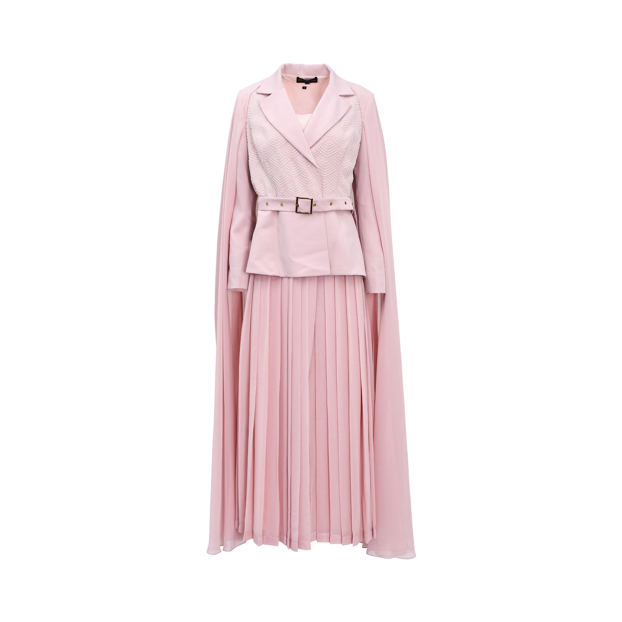 Aquillora Women's Light Pink Pleated Cape Dress with Belted Blazer Top — Available for Online Purchase