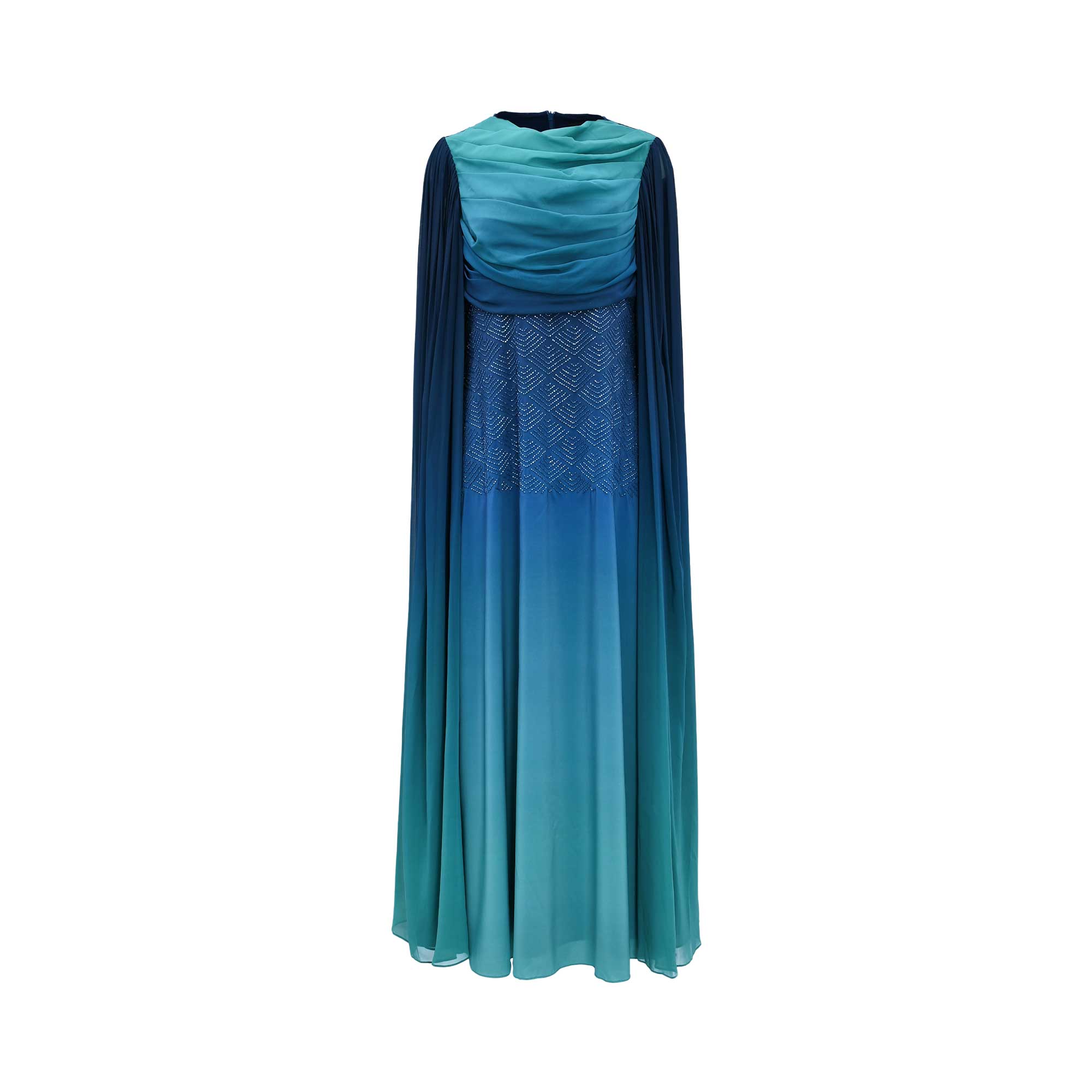 Aquillora Women's Shades of Blue Ombre Cape Dress with Gradient Detailing — Order Online Today