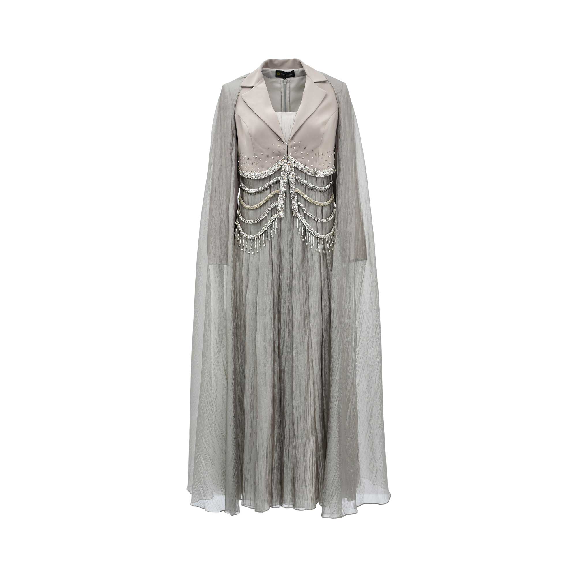 Aquillora Women's Silver Gray Embellished Cape Dress with Crystal Detailing — Now Available Online Today