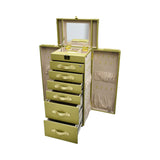 Angled view of the Artisan standing vanity trunk showing the depth of the drawers and the velvet-lined interior compartments.