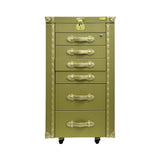 Front view of an Artisan olive green trunk-style jewelry armoire featuring gold hardware, six drawers with handles, and a lockable top.