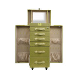 Artisan jewelry chest fully opened showing a top mirror, side doors with necklace hooks and pouches, and six storage drawe