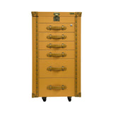 Front view of an Artisan tan trunk-style jewelry armoire featuring gold hardware, six drawers with handles, and a lockable top.