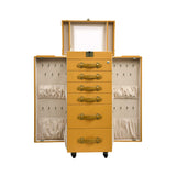 Artisan jewelry chest fully opened showing a top mirror, side doors with necklace hooks and pouches, and six storage drawers.
