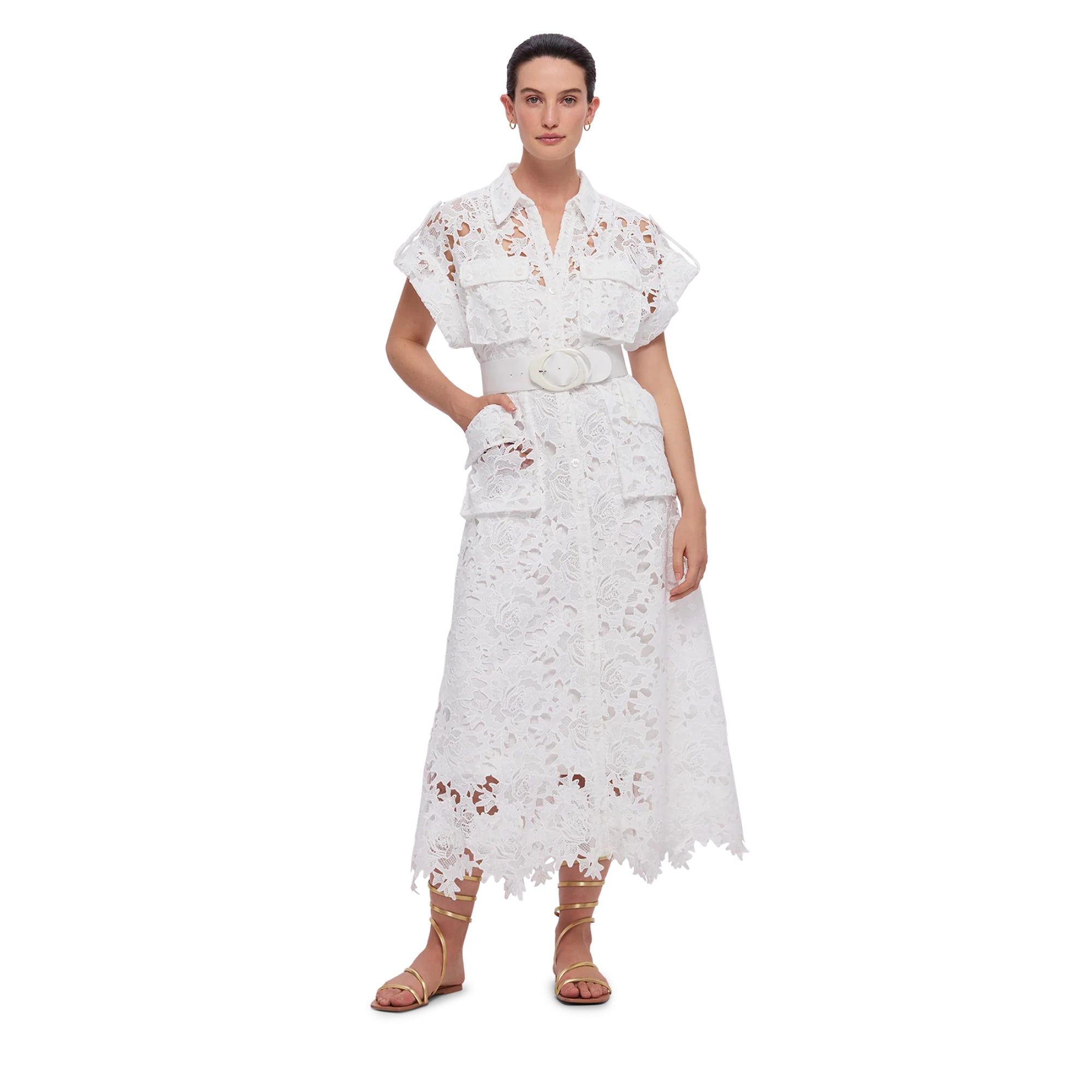Leo Lin Women's Audrey Lace Pocket Shirt Midi Dress Snow