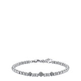 Silver-toned men's beaded bracelet with spherical and textured steel elements, lobster clasp, and extender chain.