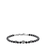 Men's bracelet with black spherical beads and silver-toned steel vintage-effect cylindrical and spherical elements, with a lo