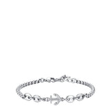 Silver-toned men's steel bracelet with a central anchor charm, featuring mixed box and oval chain links and a lobster clasp.