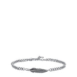 Silver-toned men's steel curb chain bracelet with a detailed feather charm and lobster clasp closure.