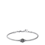 Silver-toned men's snake chain bracelet with a central barrel-shaped bead featuring a black enamel scroll pattern.