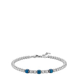 Steel beaded bracelet with three blue cube-shaped beads and a lobster clasp with extender chain.